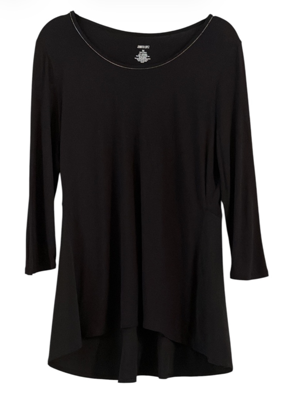 Jennifer Lopez Black Silver Chain Trim Neckline High Low Tunic Top Size M